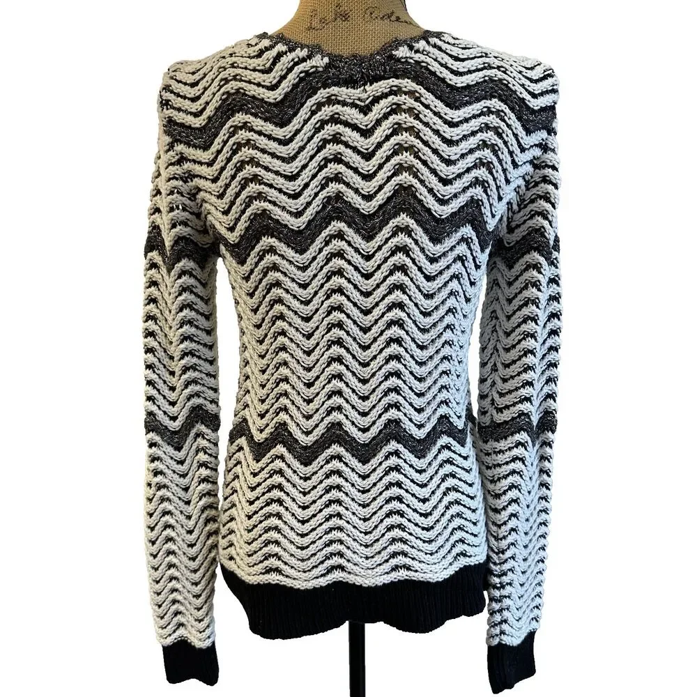Etcetera Women's Black White Chevron Knit Cotton Blend Long Sleeve Sweater Sz M